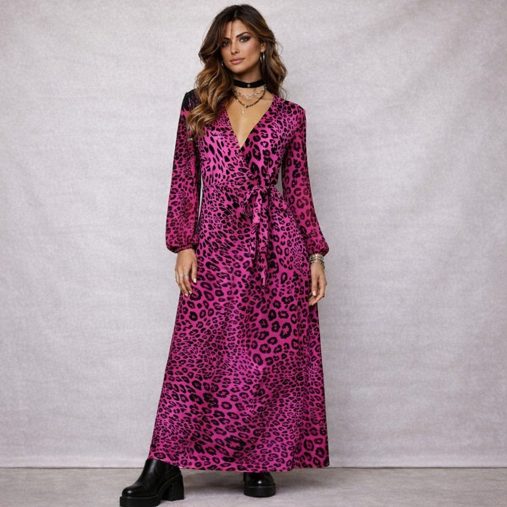 Y2K Lady Lux Pink‎ Leopard Print Maxi Wrap Dress Sz M Fuchsia Rocker Festival